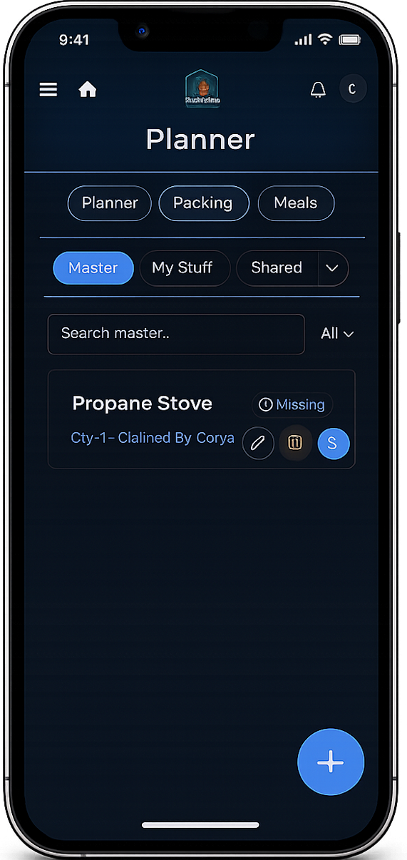 TripLogix trip showing packing list seperated by master, shared, and personal lists