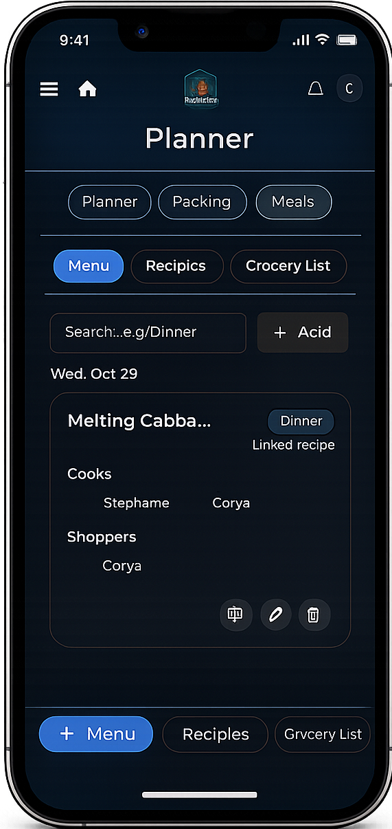 TripLogix showing meal planner, menu planner, and automatic recipe import tab