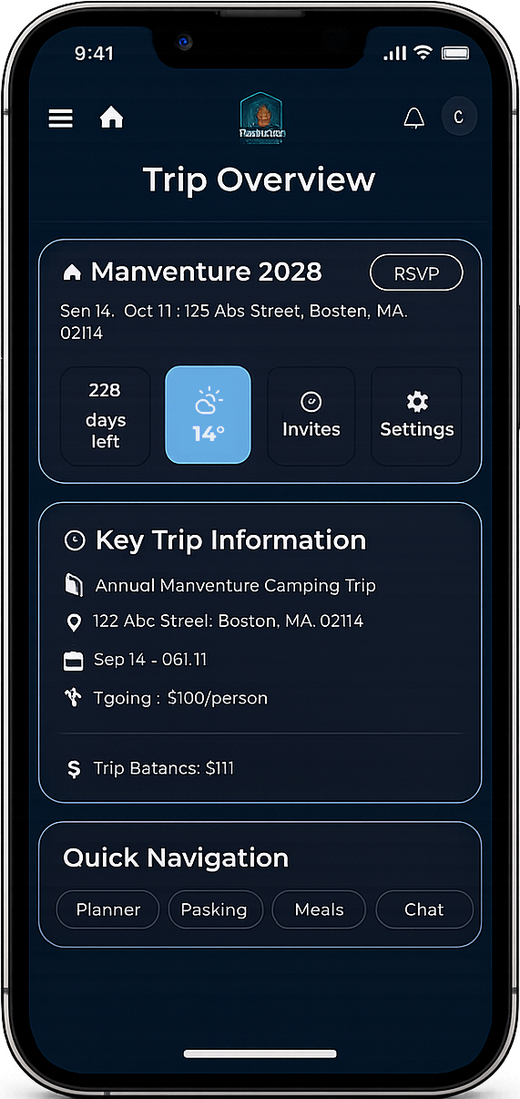 TripLogix trip overview with RSVP, invites, and quick navigation